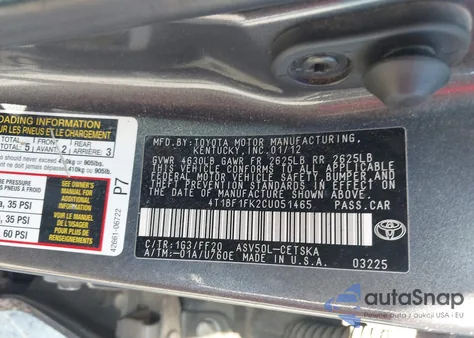 2012 Toyota Camry Se from USA, damaged, VIN 4T1BF1FK2CU051465